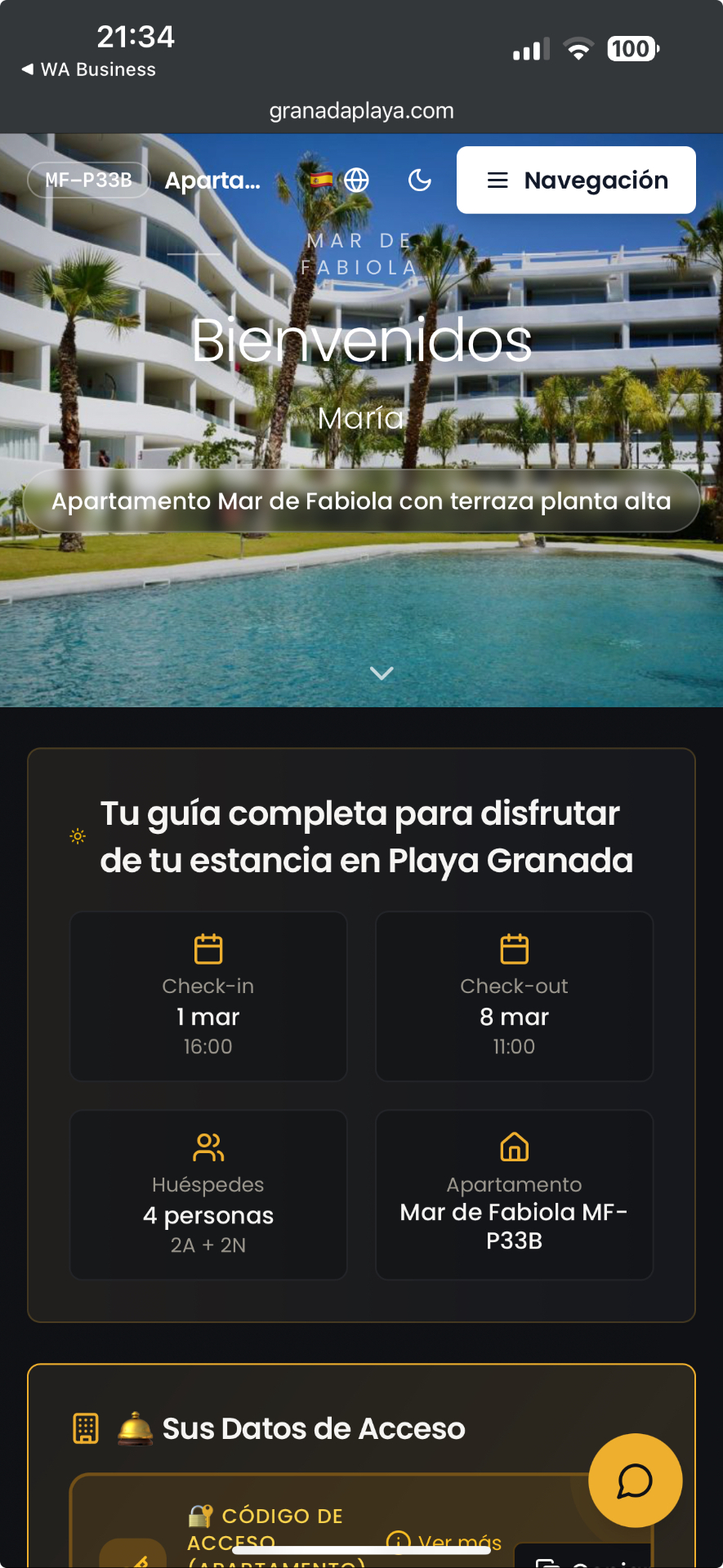 Portal del Huésped en iPhone mostrando la bienvenida, datos de check-in y acceso al apartamento