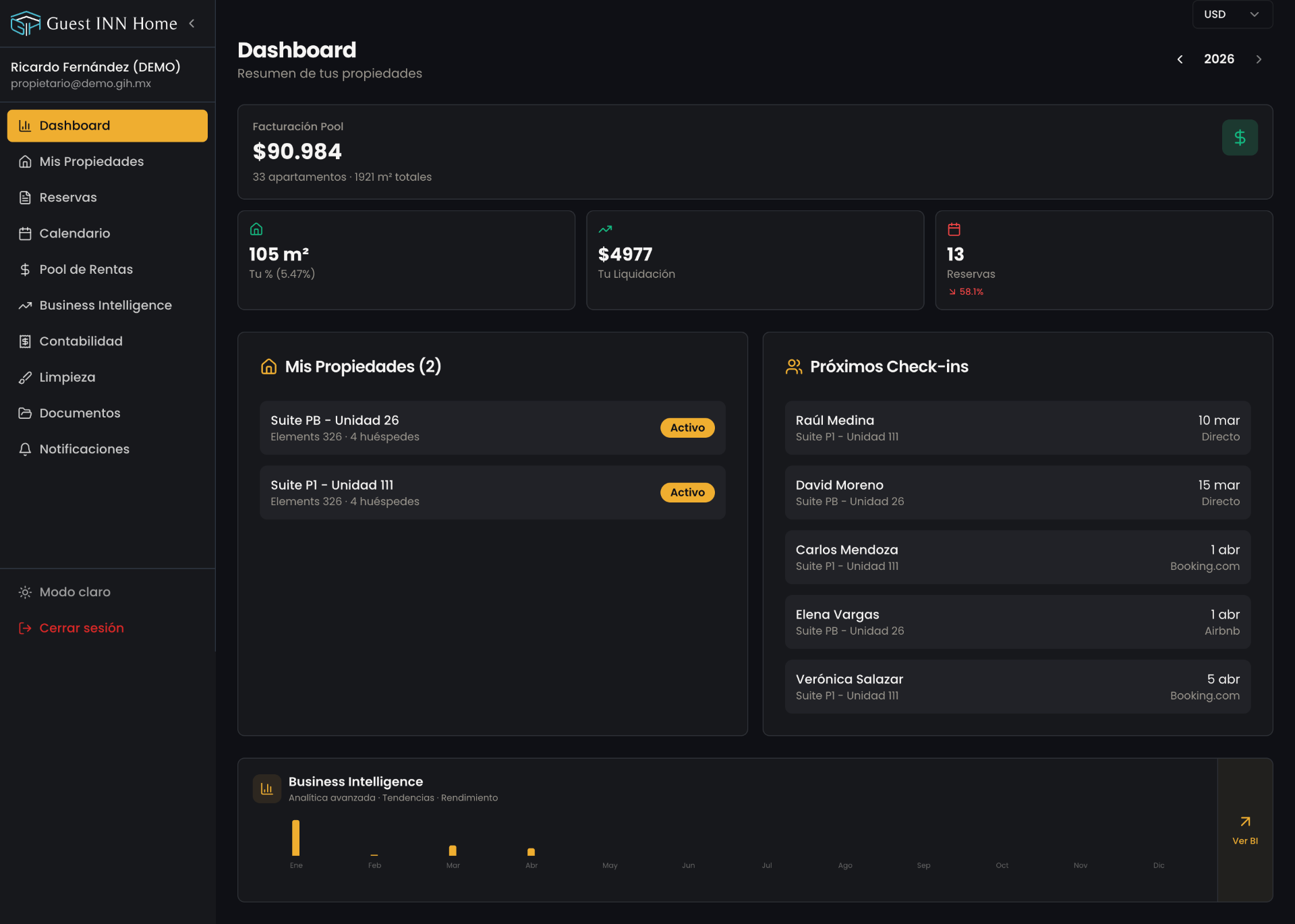 Dashboard del Portal del Propietario con métricas de facturación, propiedades y próximos check-ins
